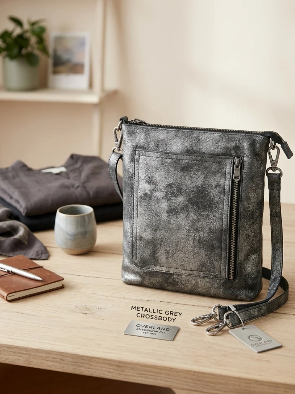 Overland Sheepskin Co Metallic Grey Crossbody Purse